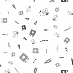 Set Certificate template, Digital thermometer, Pipette and Emergency - Star of Life on seamless pattern. Vector