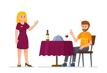Vector illustration of restaurant people. A waitress takes the order. 