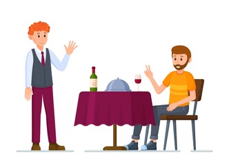 Vector illustration of restaurant waiter. Hot dinner in a restaurant. Rest after a hard day's work. 