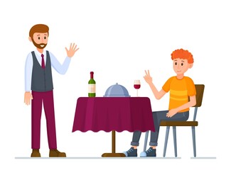 Vector illustration of restaurant waiter. Hot dinner in a restaurant. Rest after a hard day's work. 