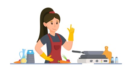 Vector illustration of women cooking. Roasting in a frying pan. Girl cooking dinner or lunch in the kitchen. 