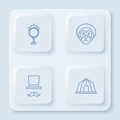 Set line Circus fire hoop, Wild lion, Magician and tent. White square button. Vector
