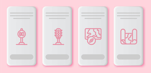 Set line Speed limit traffic, Traffic light, City map navigation and Folded. White rectangle button. Vector