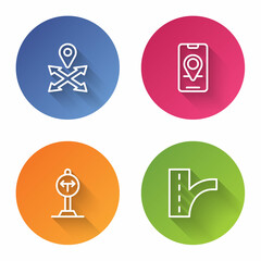Set line Location, City map navigation, Fork in the road and Road traffic sign. Color circle button. Vector