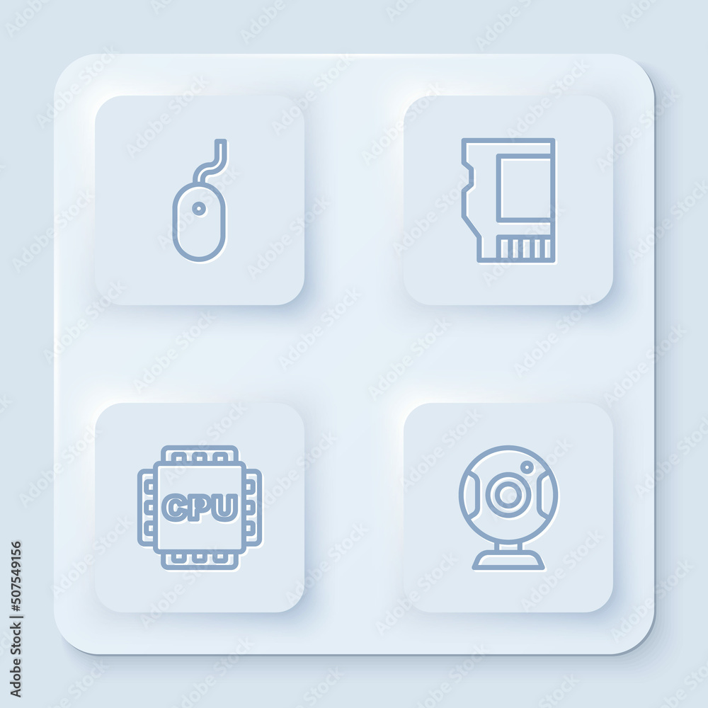 Poster Set line Computer mouse, SD card, Processor with CPU and Web camera. White square button. Vector