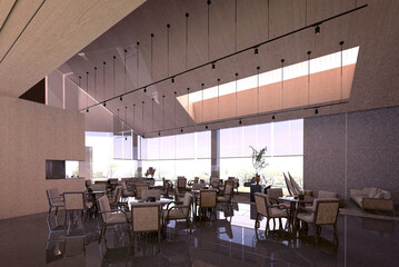3d render of luxury hotel lobby and working space