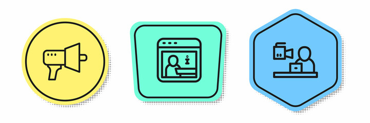 Set line Megaphone, Information and Breaking news. Colored shapes. Vector