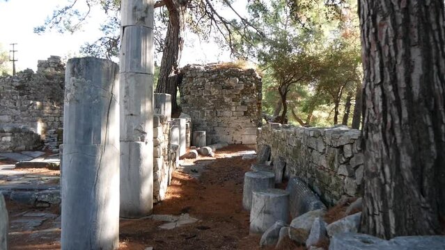 Moving Among Stone Buildings Ruins Of The Ancient Greek City (Priene, Turkey)