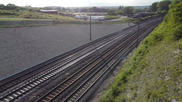beautiful aerial view of British Railway & Train Tracks at Luton Town of England. Drone's footage