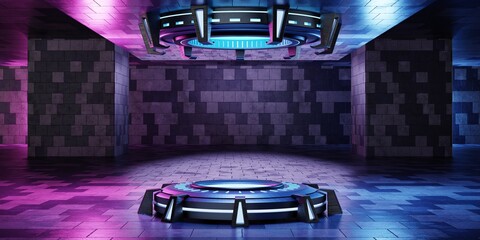 Inside spaceship laboratory with empty podium interior architecture with glowing neon for cyberpunk product presentation. Technology and Sci-fi concept. 3D illustration rendering © Shutter2U