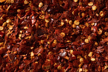 Pile of Crushed Dried Red Pepper Pimienta Roja Cayenne Pepper Chili Flakes, Perfect Spice Background Macro