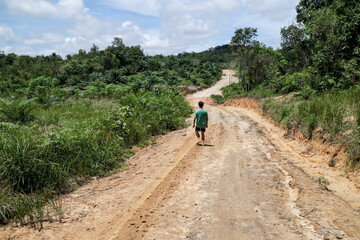 Walking on a dirt road in the middle of the forest. Kalimantan, Indonesia.