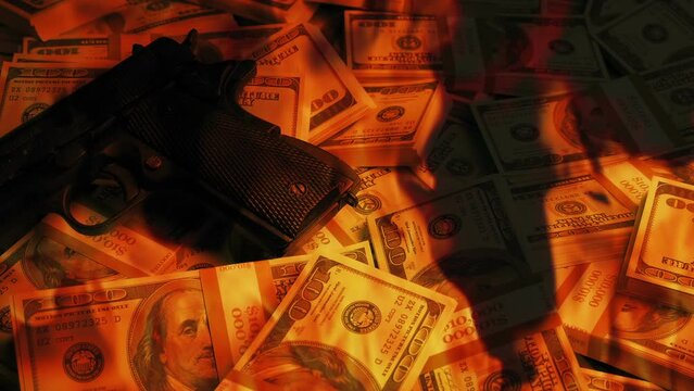 Gun On Pile Of Money In Fire Composite