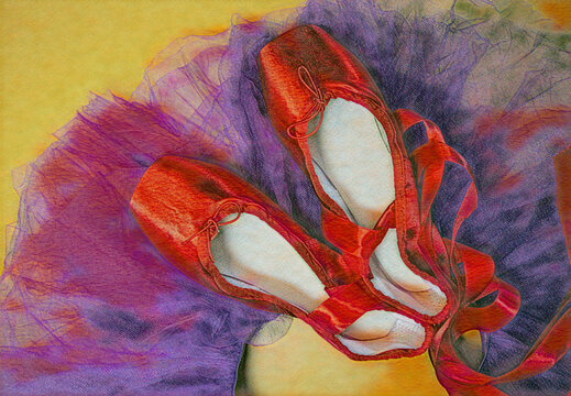 Red ballet pointe shoes set on top of a purple tutu, and a yellow background. 