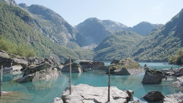 Beautiful Bondhusvatnet in Folgefonna national park at a sunny summerday in Bondhusdalen, Norway