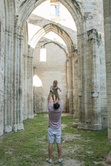 Fototapeta na wymiar Father Son France Europe Under Roman Ruins
