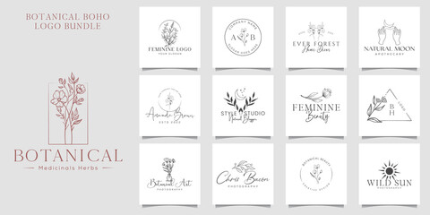 Botanical Floral element Hand Drawn Logo with Wild Flower and Leaves. Logo for spa and beauty salon, boutique, organic shop, wedding, floral designer, interior, photography, cosmetic.