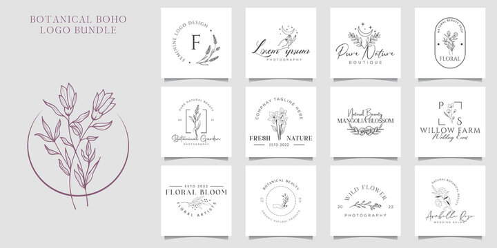 Botanical Floral element Hand Drawn Logo with Wild Flower and Leaves. Logo for spa and beauty salon, boutique, organic shop, wedding, floral designer, interior, photography, cosmetic.