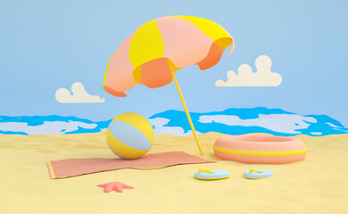 Fototapeta na wymiar Summer illustration, sandy beach with sea and waves, blue sky with clouds, beach umbrella and ball for playing, sandals and towel. Bright cartoon illustration in 3D, for app, websites. 3D rendering