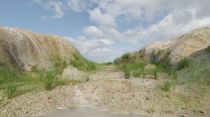 3d render green grass and rocky landscape scene nature wallpaper backgrounds