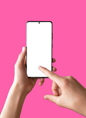Person using mobile phone with empty white screen on bright pink background