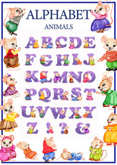 Watercolor poster alphabet with animals,children's tutorial,A-1 printable picture.