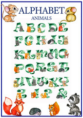 Watercolor poster alphabet with animals,children's tutorial,A-1 printable picture.