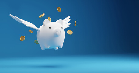 Savings concept design of piggy bank with wings flying and gold coins on blue background 3D render - 507563533