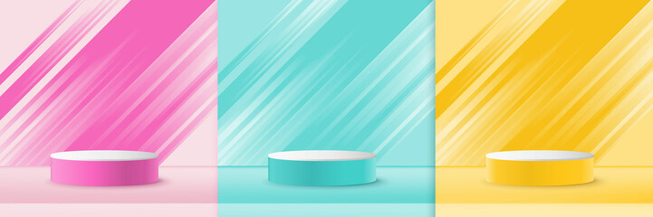 Set of 3D realistic pink, green, and yellow color pastel podium backdrop for display product. Minimal style concept.