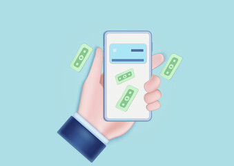 3d credit card hand holding on smartphone dollar bill and cashback concept on soft blue pastel background. Shopping online, sale, promotion, discount.
