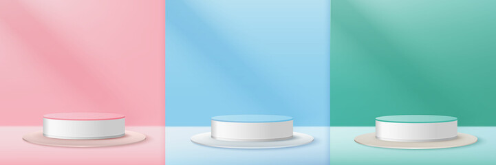 Set of 3D realistic pink, blue, and green color pastel podium backdrop for display product. Minimal style concept.