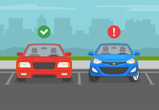 Outdoor parking rules and tips. Do not park your car with the wheels turned. Front view of correct and incorrect parked cars. Flat vector illustration template.