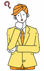 疑問を持ち首をかしげるスーツ姿のビジネスマンの男性のイラスト