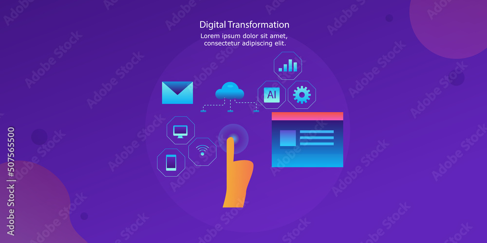 Wall mural digital transformation, virtual technology conceptual web banner template with gradient background.