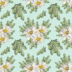 Seamless pattern watercolor chrysanthemum daisy chamomile with green leaves on blue background. Hand-drawn summer bloom flower. Art for celebration wedding wrapping textile, coloring book florist