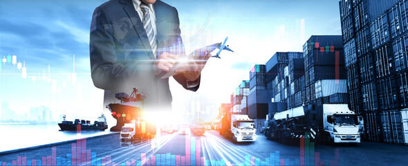 Multiple exposures of Businessman touching tablet for analyze stock at logistics port and world map...
