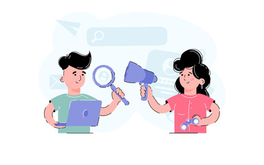 Human resource managers, both men and women. Finding employees is a notion. Websites, apps, and presentations benefit from it. Illustration of a trend in vector format.