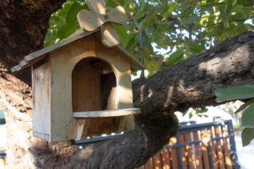 Backyard design with birdhouse on the tree.