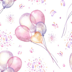 Watercolor hand drawn seamless pattern with illustration of colorful pink, yellow, purple baby flying balloons, confetti, doodles isolated on white background. Colorful elements for birthday party