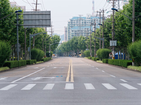 Empty Road In Shanghai City Lockdown Time, Everyone And Cars At Home Not On Road For Quarantine.