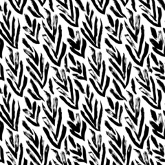Grunge ornament with bold black leaves. Modern vector seamless pattern. Graphic ornament with black long leaves. Foliage vector background. Tropical monochrome pattern. Botanical grunge elements.