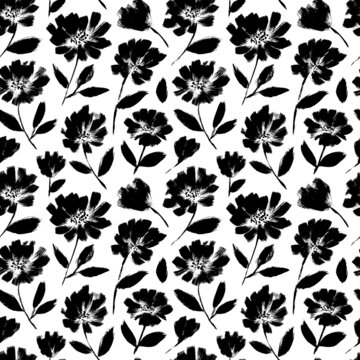 Ink drawing black flowers seamless pattern. Hand drawn monochrome background with summer flowers. Black and white artistic botanical elements. Roses, peonies and chrysanthemums vector silhouettes