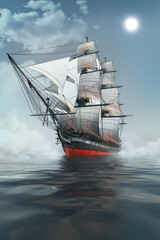 Sailing ship on the misty water