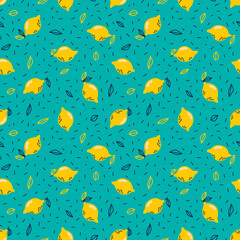 Cute seamless pattern with stylized lemons and leaves. Fresh yellow and blue on the turquoise background. Flat vector illustration, cartoon