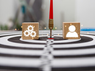 The wooden blocks placed on the target stay. with successful business strategy ideas leaders