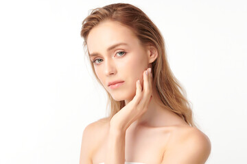 Fototapeta premium Beautiful young asian woman with clean fresh skin on white background, Face care, Facial treatment, Cosmetology, beauty and spa, Asian women portrait.
