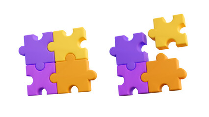 3d jigsaw puzzle pieces. Concept of business problems, education, development and teamwork. 3d high quality render on purple background.