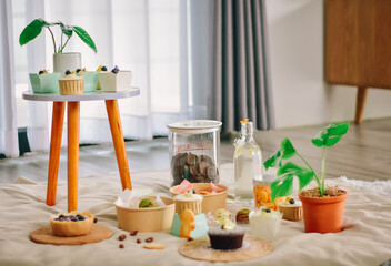 For dessert, a tasty treat, place on a soft, light creamy fabric