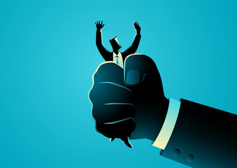 Business concept illustration of giant hand squeezes a businessman