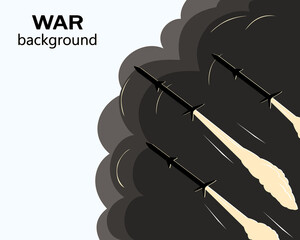 Military background with flying missiles and black smoke. War banner. Rocket, explosion, bomb. Vector illustration on the theme of aggravation of world martial law. Abstract poster with place for text